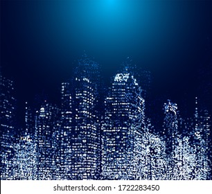 Raster Version Of Modern City Life Abstract Background Design With Dotted Design Concept. City At Night, Conceptual Illustration. Well Organized Composition.