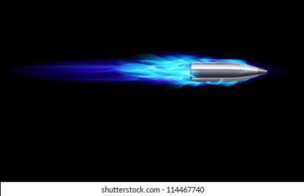 Raster version. Moving Blue Fiery Gun Bullet Shot. Illustration on black