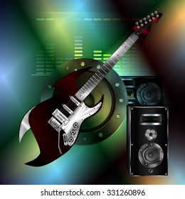 raster version musical background with guitar speaker and equalizer on a colored iridescent background. Can be used as a poster or advertising, all elements separate, can be changed as needed.
