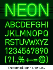 Raster Version. Neon Green Light Alphabe. Neon Tube Letters On A Dark Background
