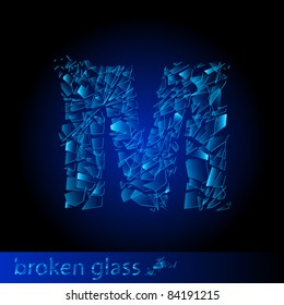 Raster version. One letter of broken glass - M. Illustration on black background