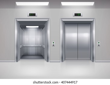 Raster version. Open and Closed Modern Metal Elevator Doors. Hall Interior in Gray Colors