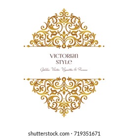 Raster version. Ornate vintage vignettes. Luxury floral golden decor in Victorian style. Template frame for card, invitation, certificate, leaflet, poster. Border with place for text.