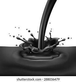 Raster Version. Pouring Of Black Paint With Splashes. Bright Illustration On White Background 