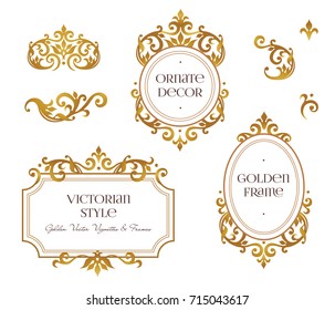 Raster version. Set frames and vignette for design template. Element in Victorian style. Golden floral borders. Ornate decor for invitations, cards, certificate, thank you message.