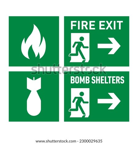 Raster version. Set of Two Green Evacuation Signs - Fire Exit, and Bomb Shelters. The Signs Show the Direction of the Escape