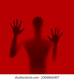 Raster version. Shadow Blur of Horror Man Behind the Matte Glass. Blurry Hand, Body Figure Abstraction, and Two Palms. The Reflection of the Silhouette Through the Light. Illustration on Red Backdrop