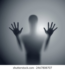 Raster version. Shadow Blur of Horror Man Behind the Matte Glass. Blurry Hand, Body Figure Abstraction, and Two Palms. The Reflection of the Silhouette Through the Light