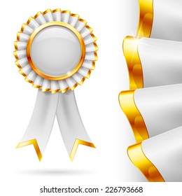 Raster Version. Shiny White Award Ribbon With Golden Edging. Fabric With Highly Detailed Texture 