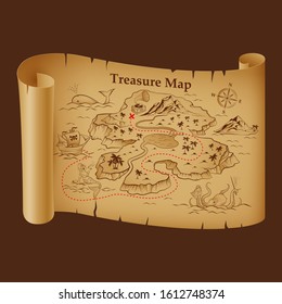 Raster Version. Stylized Pirate Map On Vintage Paper With Treasure On The Island. Pirate Ship, Sea Monsters, Mermaid And Compas. Antique Or Old Scroll, Retro Treasure Map