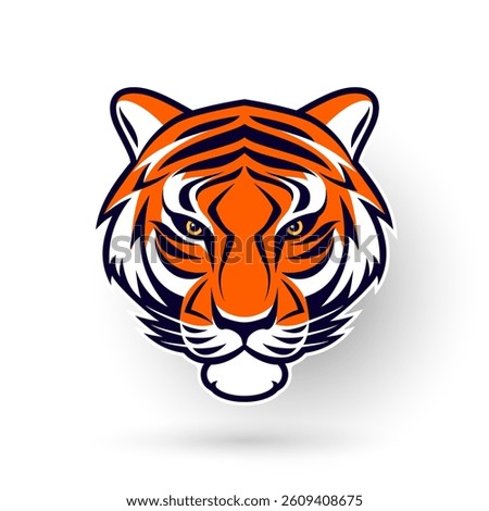 Raster version. A tiger face is on white background, in the style of dark orange and dark blue,