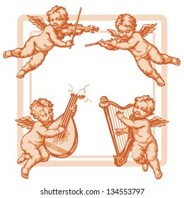 Raster version of vector/ Four little angels with musical instruments. In three colors on a white background. Corner units vignettes