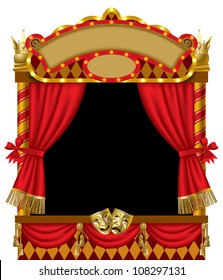 Raster Version Of Vector Image Of The Illuminated Puppet Show Booth With Theater Masks, Red Curtain And Signboards