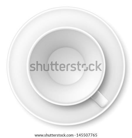 Raster version. White mug and saucer. Illustration on white background.