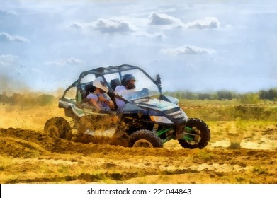 Raster Watercolor Illustration Of A Buggy Race Car In Motion.