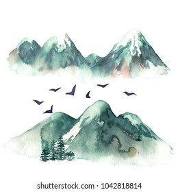 Raster watercolor illustration of some hills augmented with birds. Travel, natural themes, design element, printed goods.