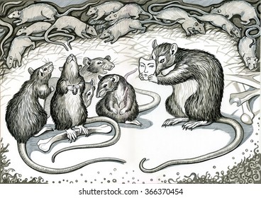 Rat Pack With Bones And A Mask. Hand Drawn Illustration.