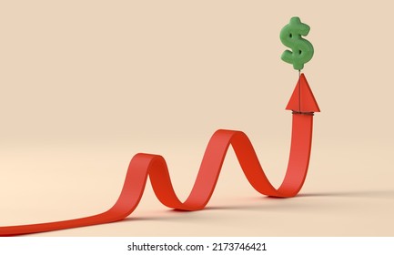 Rate Of Inflation Concept. Red Arrow Being Pulled Up By A Dollar Sign Balloon. 3D Rendering