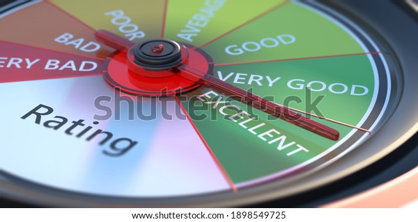 Rating classification.\
Performance review, car dashboard speedometer, close up view. 3d\
illustration