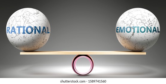 Rational and emotional in balance - pictured as balanced balls on scale that symbolize harmony and equity between Rational and emotional that is good and beneficial., 3d illustration