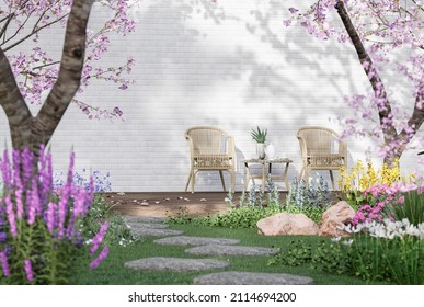 Rattan Chairs On The Wooden Balcony In The Flower Garden 3d Render With White Brick Wall Background