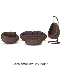 Rattan Furniture In A Contemporary Style On A White Background. Set Of Rattan Furniture