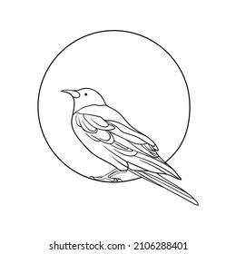 Raven In A Circle Illustration On A White Background. Raven Logo. Raven Outline Silhouette. Bird On A Branch