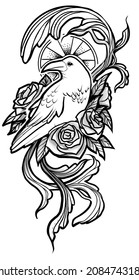 Raven Line Art Upper Arm Leg Tattoo Design