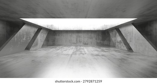 Raw concrete interior featuring a rectangular skylight and angled support columns, with textured walls and floor creating a moody industrial setting for visualization and backgrounds.