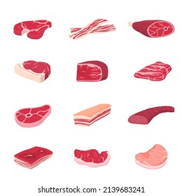 Raw Meat Collection. Flat Meats Icons, Food Cooked Pork. Isolated Fresh Slice, Beef Chicken Steak. Cartoon Bacon Or Ham Recent Set