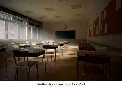 Rays of light falling to the empty classroom. Abandoned school. Disturbing mood. 3D Illustration - Powered by Shutterstock