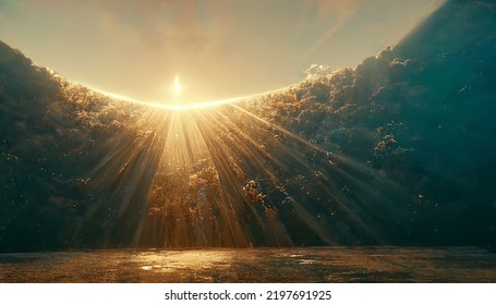 Rays Of Light Shining Through Dark Clouds Over Mountains. Cinematic Scene.