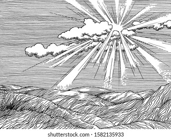 sun rays through clouds black and white