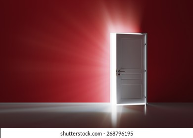 Rays Of Light Through The Open White Door On Red Wall