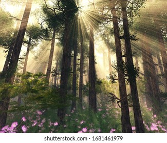 Rays of the sun through the trees, sunlight in the forest, a fabulous forest in the morning in the fog, 3D rendering