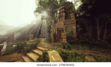 Rays of sunlight filter through the trees, illuminating the entrance of an ancient temple. Surrounding foliage thrives, creating a serene and mysterious atmosphere in the early morning.