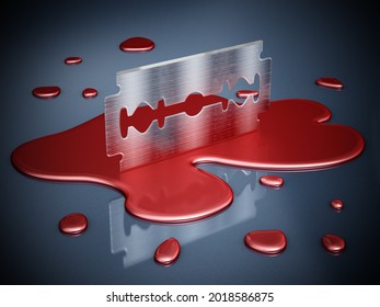 Razor Blade On Blood Droppings. 3D Illustration.