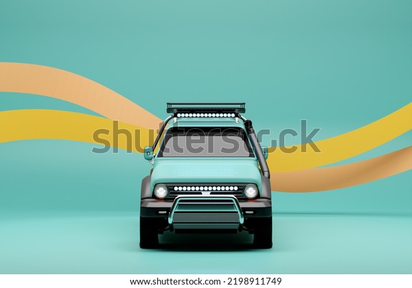rBlue  modern SUV prepared\
for safari car on monochrome  background - front view - 3D\
illustration