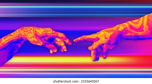 Reaching Hands In Orange, Pink And Blue Vaporwave And Synthwave Style Concept Illustration Isolated On Psychedelic Colors Scanline TV Background.