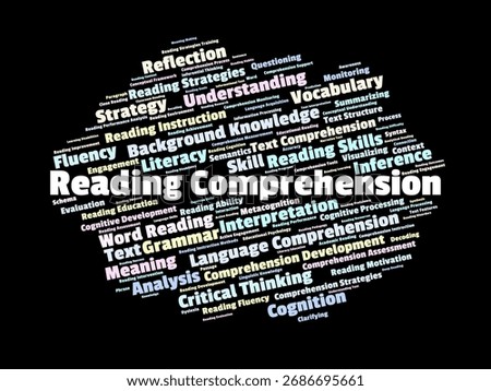 Reading Comprehension Word Cloud. Composition Of Terms Related To Literacy, Cognition, Vocabulary, Language Skills, And The Process Of Deriving Meaning From Written Text.