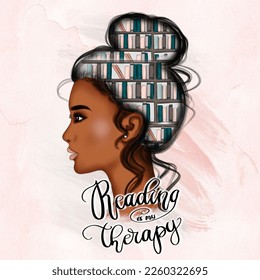 Reading Is My Therapy Pattern Drawn Illustration African American Girl