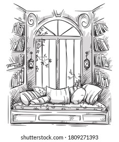 Reading Nook, Cozy Window Seat Line Drawing