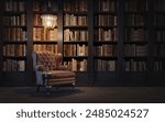 Reading room in old library or house.Vintage style leather armchair with antique lamp.Night scene room.3d rendering