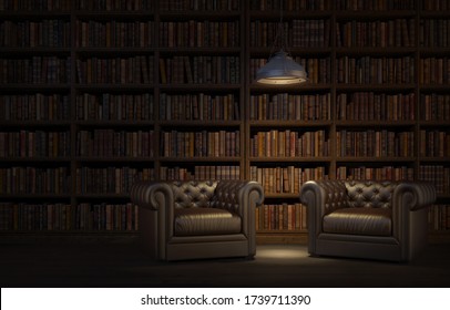 Reading Room In Old Library Or House.Vintage Style Leather Armchairs With Ceiling Lamp.Night Scene Room.3d Rendering