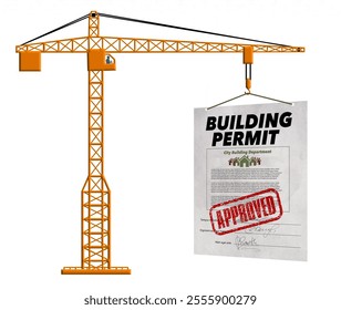 Ready to break ground and begin construction. A tall tower crane holds an approved building permit in a 3-d illustration. about this highly sought document. - Powered by Shutterstock