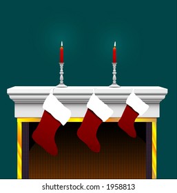 Ready To Stuff With Your Goodies: 3 Christmas Stockings, On A Fireplace Mantle With Candles And Candlesticks.