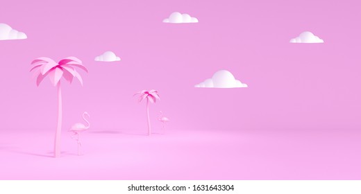 Ready for summer Love concept. Flamingo and palm tree on pink background 3D Render 3D illustration