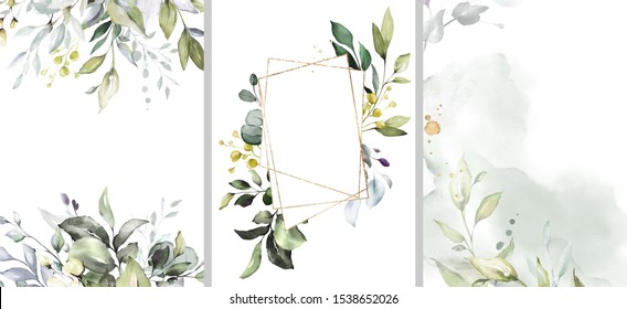 Ready to use Card. Herbal Watercolor invitation design with leaves. flower and watercolor background. floral elements, botanic watercolor illustration. Template for wedding.   frame 