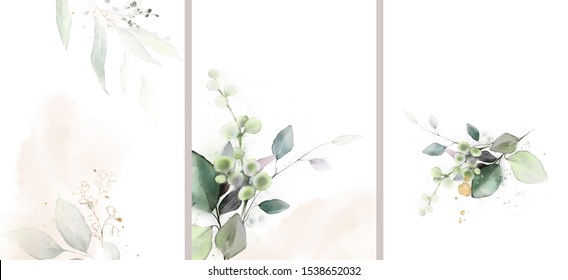 Ready to use Card. Herbal Watercolor invitation design with leaves. watercolor background. floral elements, botanic watercolor illustration. Template for wedding.   frame 