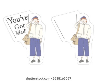 A Ready to use "You've Got Mail!" Courier Character Sticker Illustration On white background with a blank and writable version.